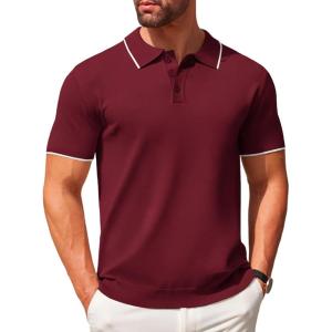 imageCOOFANDY Mens Knit Polo Shirts Casual Short Sleeve Button Down Polo Shirt Classic Golf ShirtsWine Red White Striped