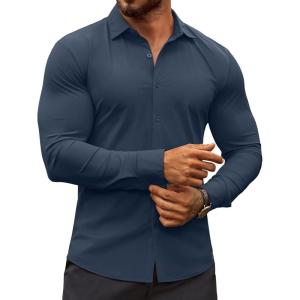imageCOOFANDY Mens Muscle Fit Dress Shirts WrinkleFree Long Sleeve Casual Button Down ShirtsDark Blue