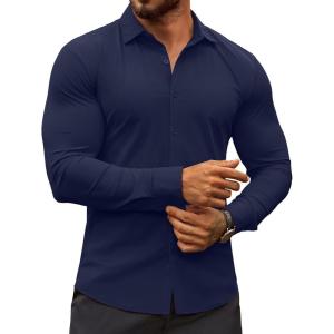 imageCOOFANDY Mens Muscle Fit Dress Shirts WrinkleFree Long Sleeve Casual Button Down ShirtsDeep Blue