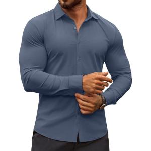 imageCOOFANDY Mens Muscle Fit Dress Shirts WrinkleFree Long Sleeve Casual Button Down ShirtsDenim Blue