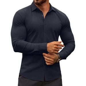 imageCOOFANDY Mens Muscle Fit Dress Shirts WrinkleFree Long Sleeve Casual Button Down ShirtsNavy Blue