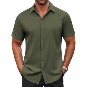 imageCOOFANDY Mens Casual Button Down Shirt Short Sleeve Wrinkle Free Dress Shirt Beach Summer Wedding ShirtArmy Green