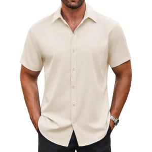 imageCOOFANDY Mens Casual Button Down Shirt Short Sleeve Wrinkle Free Dress Shirt Beach Summer Wedding ShirtBeige