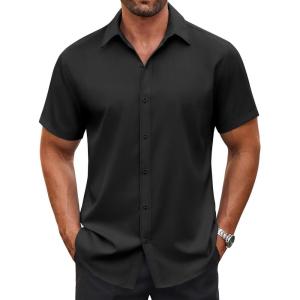 imageCOOFANDY Mens Casual Button Down Shirt Short Sleeve Wrinkle Free Dress Shirt Beach Summer Wedding ShirtBlack