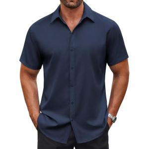 imageCOOFANDY Mens Casual Button Down Shirt Short Sleeve Wrinkle Free Dress Shirt Beach Summer Wedding ShirtDark Blue