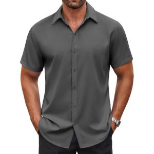 imageCOOFANDY Mens Casual Button Down Shirt Short Sleeve Wrinkle Free Dress Shirt Beach Summer Wedding ShirtDark Grey