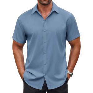 imageCOOFANDY Mens Casual Button Down Shirt Short Sleeve Wrinkle Free Dress Shirt Beach Summer Wedding ShirtGrey Blue