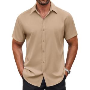 imageCOOFANDY Mens Casual Button Down Shirt Short Sleeve Wrinkle Free Dress Shirt Beach Summer Wedding ShirtKhaki