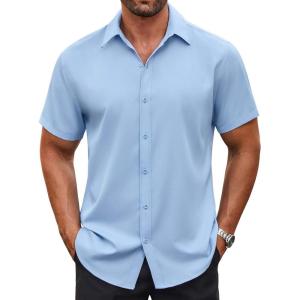 imageCOOFANDY Mens Casual Button Down Shirt Short Sleeve Wrinkle Free Dress Shirt Beach Summer Wedding ShirtLight Blue