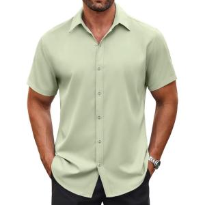 imageCOOFANDY Mens Casual Button Down Shirt Short Sleeve Wrinkle Free Dress Shirt Beach Summer Wedding ShirtLight Green