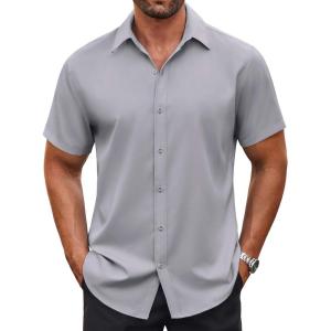 imageCOOFANDY Mens Casual Button Down Shirt Short Sleeve Wrinkle Free Dress Shirt Beach Summer Wedding ShirtLight Grey