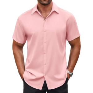 imageCOOFANDY Mens Casual Button Down Shirt Short Sleeve Wrinkle Free Dress Shirt Beach Summer Wedding ShirtLight Pink