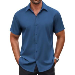 imageCOOFANDY Mens Casual Button Down Shirt Short Sleeve Wrinkle Free Dress Shirt Beach Summer Wedding ShirtNavy Blue