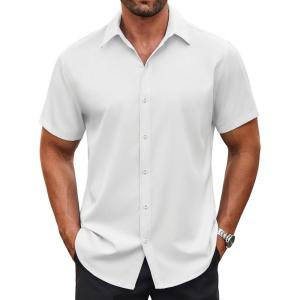 imageCOOFANDY Mens Casual Button Down Shirt Short Sleeve Wrinkle Free Dress Shirt Beach Summer Wedding ShirtWhite