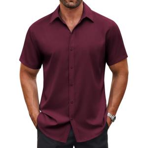 imageCOOFANDY Mens Casual Button Down Shirt Short Sleeve Wrinkle Free Dress Shirt Beach Summer Wedding ShirtWine Red