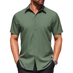 imageCOOFANDY Mens Wrinkle Free Dress Shirt Polka Dot Short Sleeve Button Down Business Casual ShirtsArmy Green