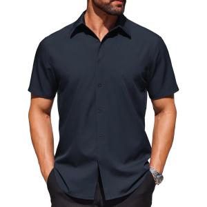 imageCOOFANDY Mens Wrinkle Free Dress Shirt Polka Dot Short Sleeve Button Down Business Casual ShirtsBlue Black