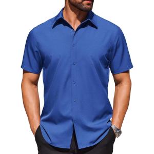 imageCOOFANDY Mens Wrinkle Free Dress Shirt Polka Dot Short Sleeve Button Down Business Casual ShirtsDark Blue
