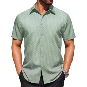 imageCOOFANDY Mens Wrinkle Free Dress Shirt Polka Dot Short Sleeve Button Down Business Casual ShirtsLight Greenflower