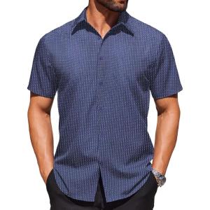 imageCOOFANDY Mens Wrinkle Free Dress Shirt Polka Dot Short Sleeve Button Down Business Casual ShirtsNavy Bluesquare