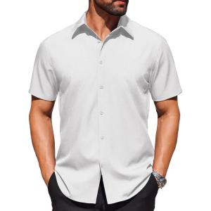 imageCOOFANDY Mens Wrinkle Free Dress Shirt Polka Dot Short Sleeve Button Down Business Casual ShirtsWhite