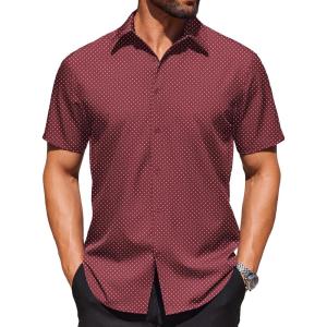 imageCOOFANDY Mens Wrinkle Free Dress Shirt Polka Dot Short Sleeve Button Down Business Casual ShirtsWine Redpolka Dots