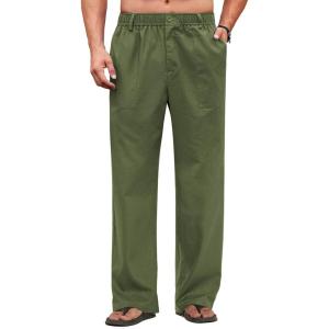 imageCOOFANDY Mens Casual Linen Cotton Pants Elastic Waist Summer Beach Trousers Lightweight Yoga Vacation PantsArmy Green