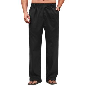imageCOOFANDY Mens Casual Linen Cotton Pants Elastic Waist Summer Beach Trousers Lightweight Yoga Vacation PantsBlack
