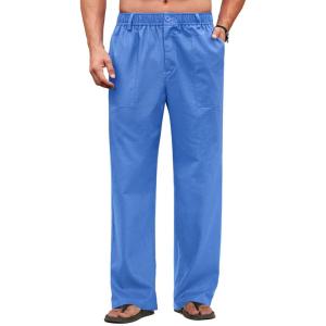 imageCOOFANDY Mens Casual Linen Cotton Pants Elastic Waist Summer Beach Trousers Lightweight Yoga Vacation PantsBlue