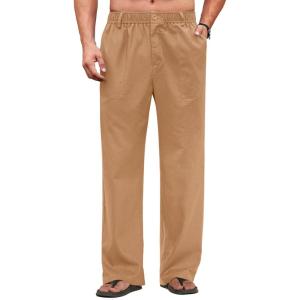 imageCOOFANDY Mens Casual Linen Cotton Pants Elastic Waist Summer Beach Trousers Lightweight Yoga Vacation PantsLight Tan
