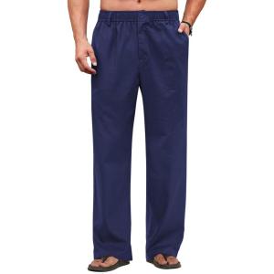 imageCOOFANDY Mens Casual Linen Cotton Pants Elastic Waist Summer Beach Trousers Lightweight Yoga Vacation PantsNavy Blue
