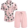 imageCOOFANDY Mens Hawaiian 2 Piece Outfits Summer Beach Matching Set Short Sleeve Floral Shirts and ShortsCoconut Tree Pink
