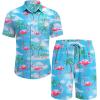 imageCOOFANDY Mens Hawaiian 2 Piece Outfits Summer Beach Matching Set Short Sleeve Floral Shirts and ShortsFlamingo Pink Blue