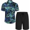 imageCOOFANDY Mens Hawaiian 2 Piece Outfits Summer Beach Matching Set Short Sleeve Floral Shirts and ShortsLeaf Blue Black