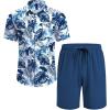 imageCOOFANDY Mens Hawaiian 2 Piece Outfits Summer Beach Matching Set Short Sleeve Floral Shirts and ShortsLeaf Blue White