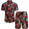 imageCOOFANDY Mens Hawaiian 2 Piece Outfits Summer Beach Matching Set Short Sleeve Floral Shirts and ShortsLeaf Green Red