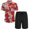 imageCOOFANDY Mens Hawaiian 2 Piece Outfits Summer Beach Matching Set Short Sleeve Floral Shirts and ShortsLeaf Red