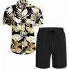 imageCOOFANDY Mens Hawaiian 2 Piece Outfits Summer Beach Matching Set Short Sleeve Floral Shirts and ShortsPalm Leaf Black