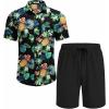 imageCOOFANDY Mens Hawaiian 2 Piece Outfits Summer Beach Matching Set Short Sleeve Floral Shirts and ShortsPineapple Leaf Black