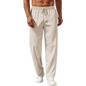 imageCOOFANDY Mens Casual Pants Drawstring Elastic Waist Pants Linen Summer Beach PantsBeige