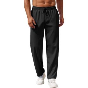 imageCOOFANDY Mens Casual Pants Drawstring Elastic Waist Pants Linen Summer Beach PantsBlack