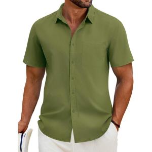 imageCOOFANDY Mens Casual Short Sleeve Shirt Button Down Summer Beach Shirt Textured Shirts with PocketArmy Green