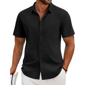 imageCOOFANDY Mens Casual Short Sleeve Shirt Button Down Summer Beach Shirt Textured Shirts with PocketBlack