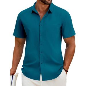 imageCOOFANDY Mens Casual Short Sleeve Shirt Button Down Summer Beach Shirt Textured Shirts with PocketDark Blue