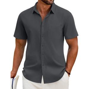imageCOOFANDY Mens Casual Short Sleeve Shirt Button Down Summer Beach Shirt Textured Shirts with PocketDark Grey