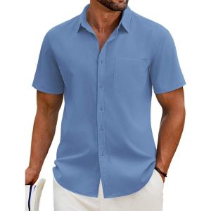 imageCOOFANDY Mens Casual Short Sleeve Shirt Button Down Summer Beach Shirt Textured Shirts with PocketGrey Blue