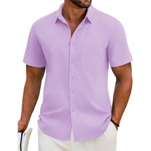 imageCOOFANDY Mens Casual Short Sleeve Shirt Button Down Summer Beach Shirt Textured Shirts with PocketLavender