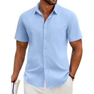 imageCOOFANDY Mens Casual Short Sleeve Shirt Button Down Summer Beach Shirt Textured Shirts with PocketLight Blue
