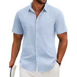 imageCOOFANDY Mens Casual Short Sleeve Shirt Button Down Summer Beach Shirt Textured Shirts with PocketSky Blue
