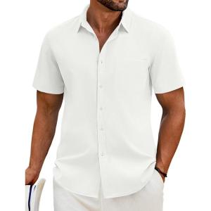 imageCOOFANDY Mens Casual Short Sleeve Shirt Button Down Summer Beach Shirt Textured Shirts with PocketWhite